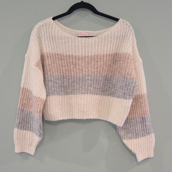 Pink Lily Sweaters - Pink Lily Cream and Pink Crew Neck Sweater